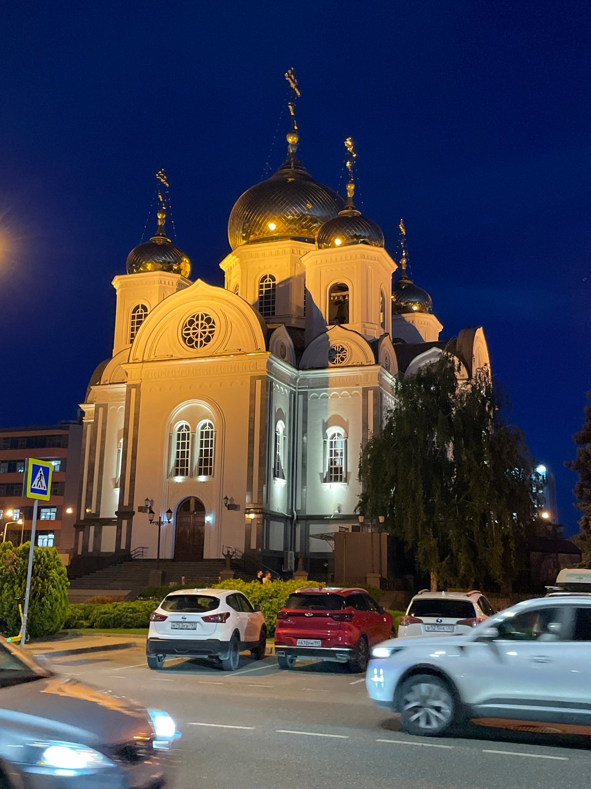 Evening photography session captures illuminated landmarks in Krasnodar, Russia