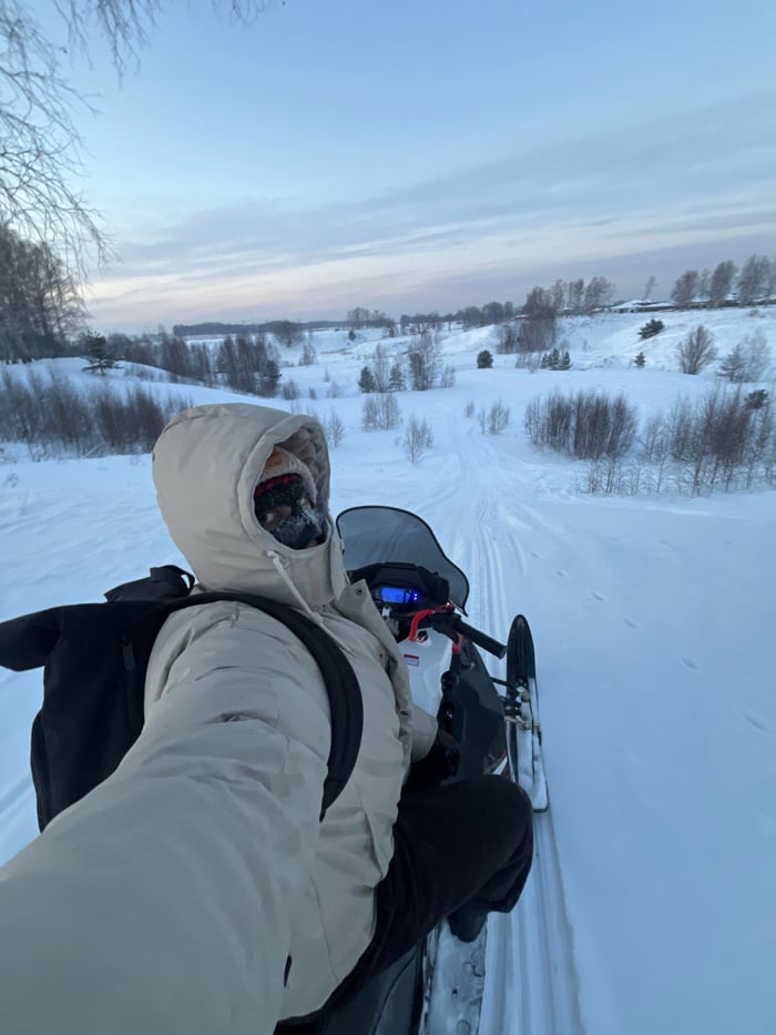 Winter snowmobile ride documented in rural Russia