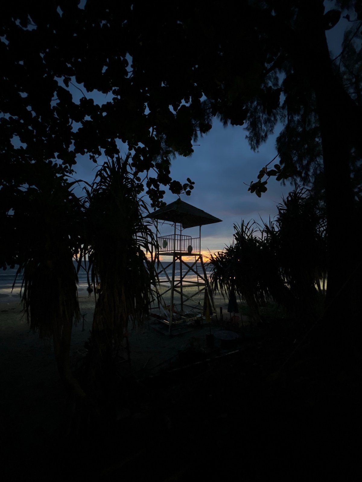 Lifeguard towers and palm silhouettes at beach twilight
