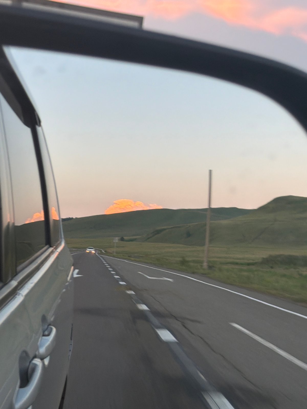 Driving through Siberian steppe at twilight near Сарагаш