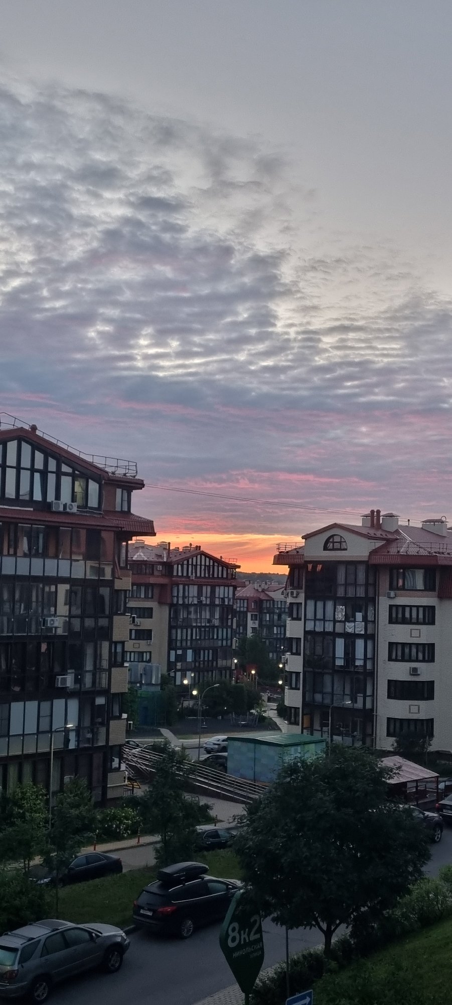 Vivid sunset over Romashkovo apartment blocks, multiple angles