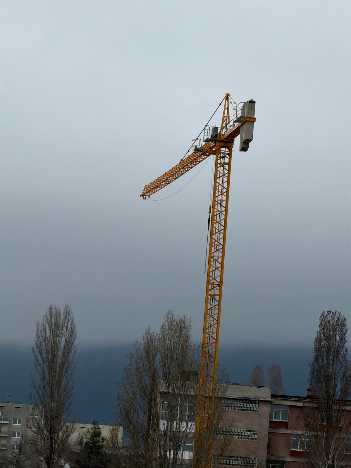Construction crane spotted in Sofia cityscape under cloudy skies
