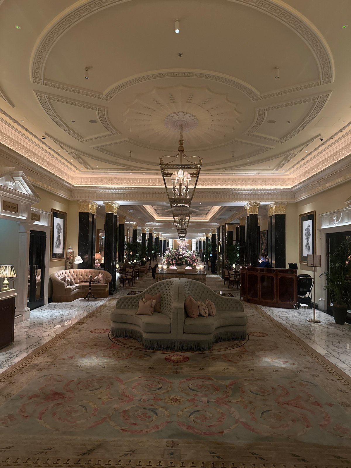 Luxury London hotel interior documented during evening hours