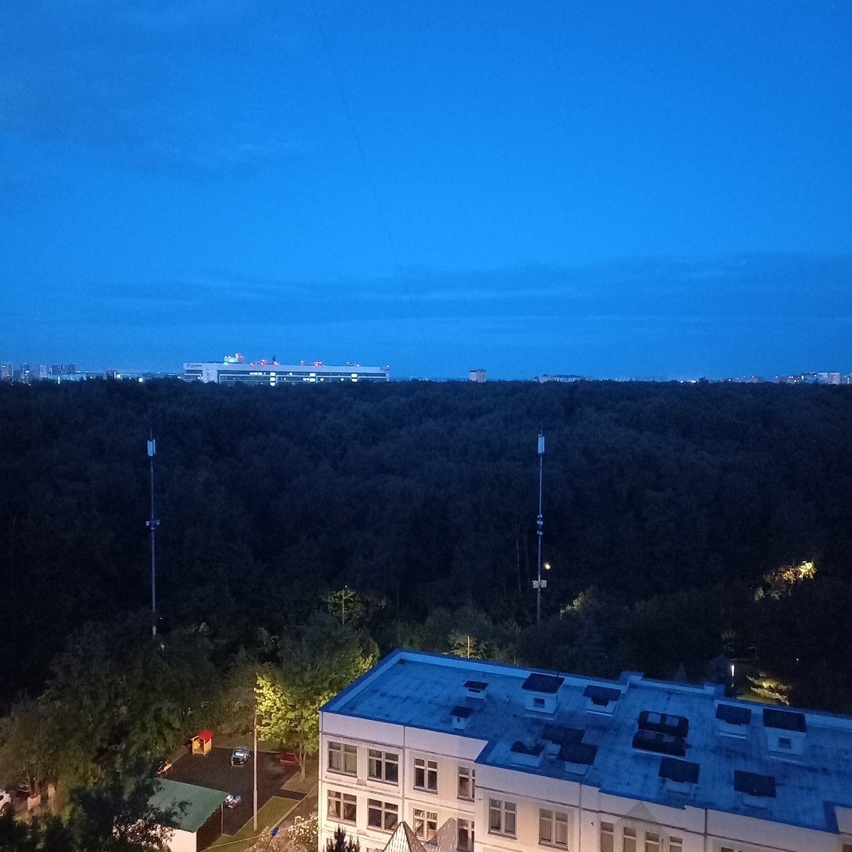 Dusk cityscape captured showing waterfront buildings and forest