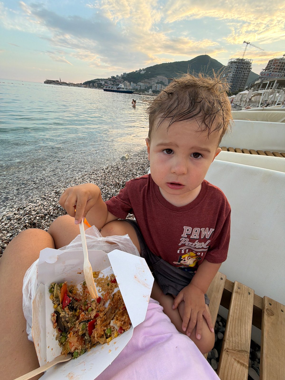 Lazy beach afternoon in Budva, snacks and sea views