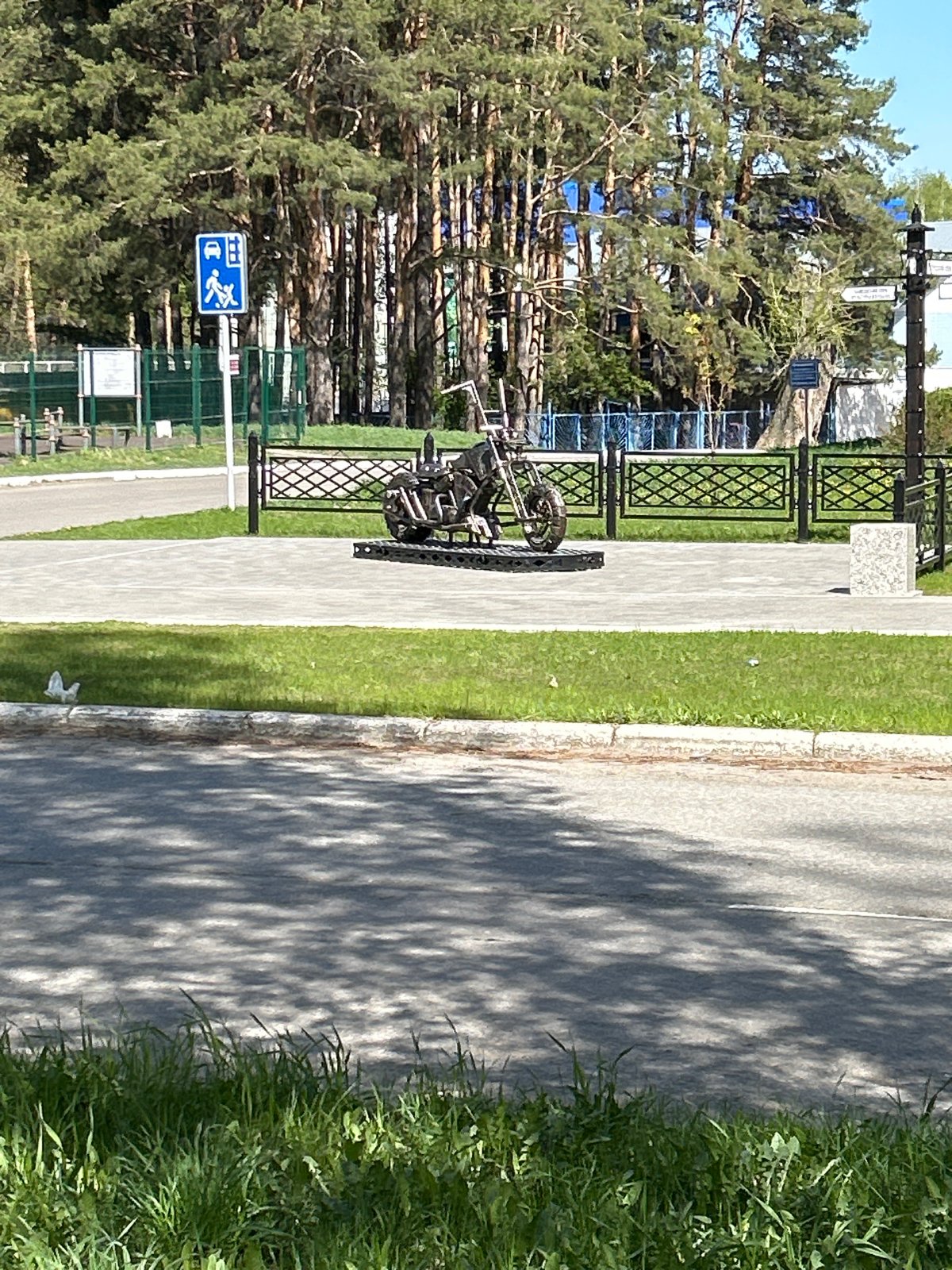 Metallic motorcycle sculpture spotted on Chaikovsky walkway