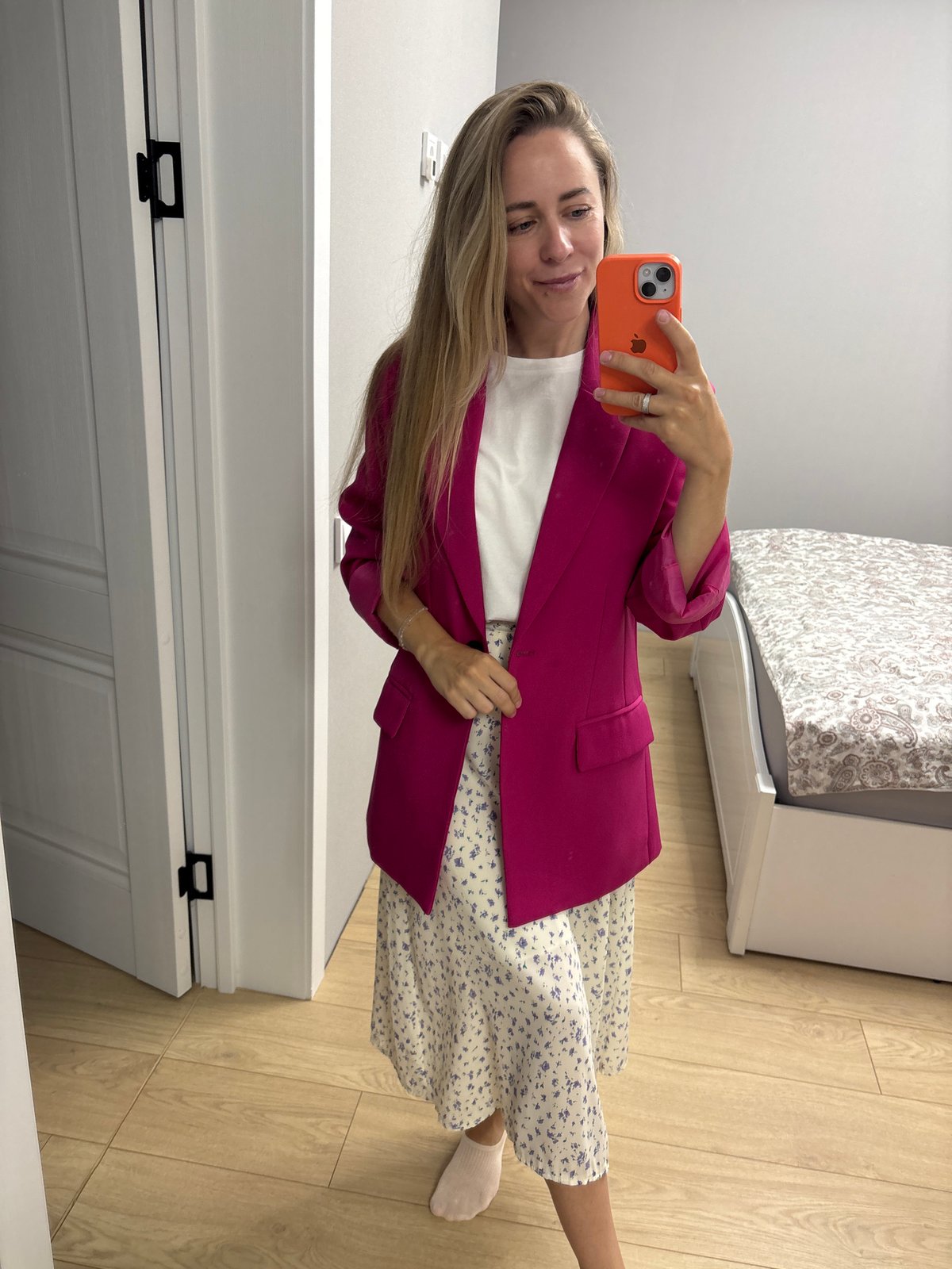 Mirror selfies in a Chaikovsky bedroom, pink blazer and floral skirt