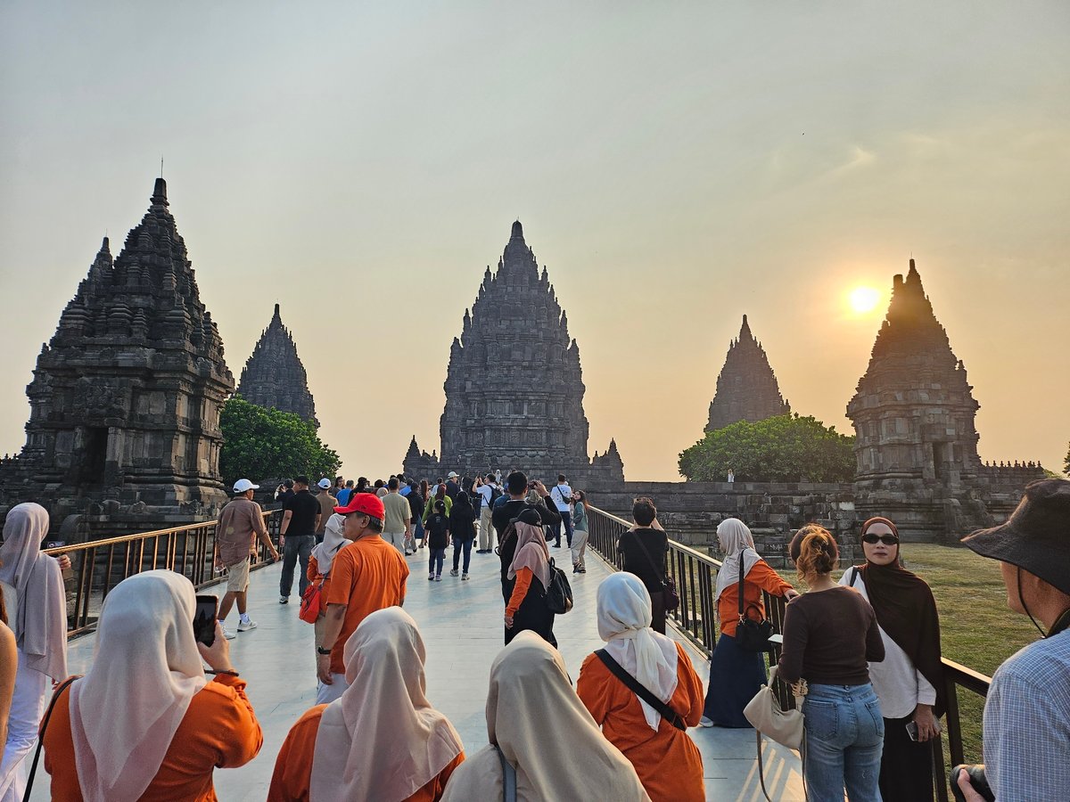 Golden hour at Prambanan Temple's ancient stone spires