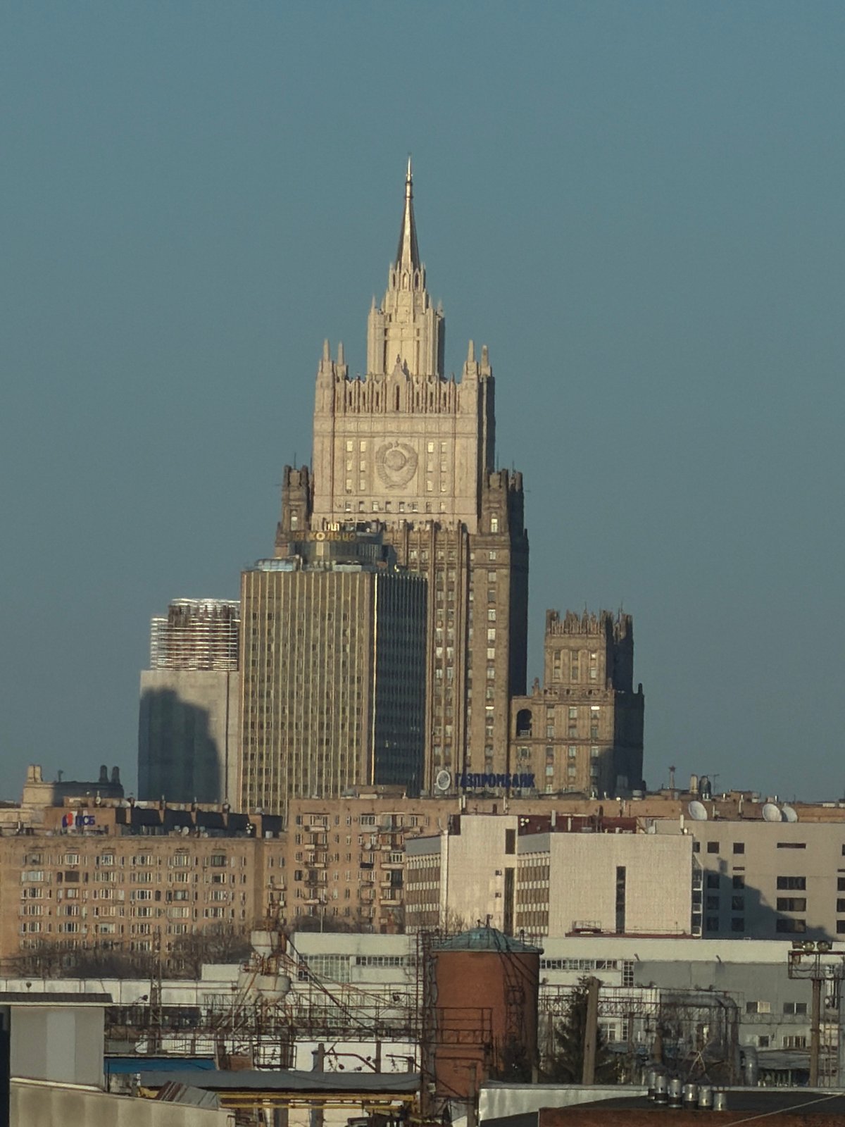 Moscow cityscape features Ministry of Foreign Affairs Stalinist skyscraper