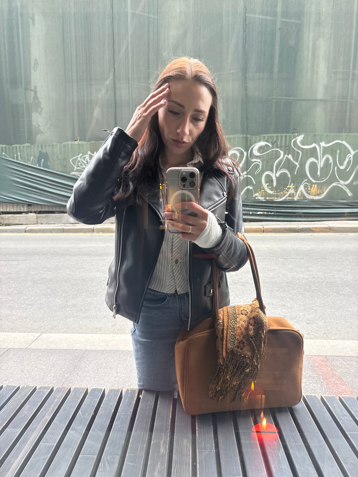 Woman documents selfie walk through historic Saint Petersburg landmarks