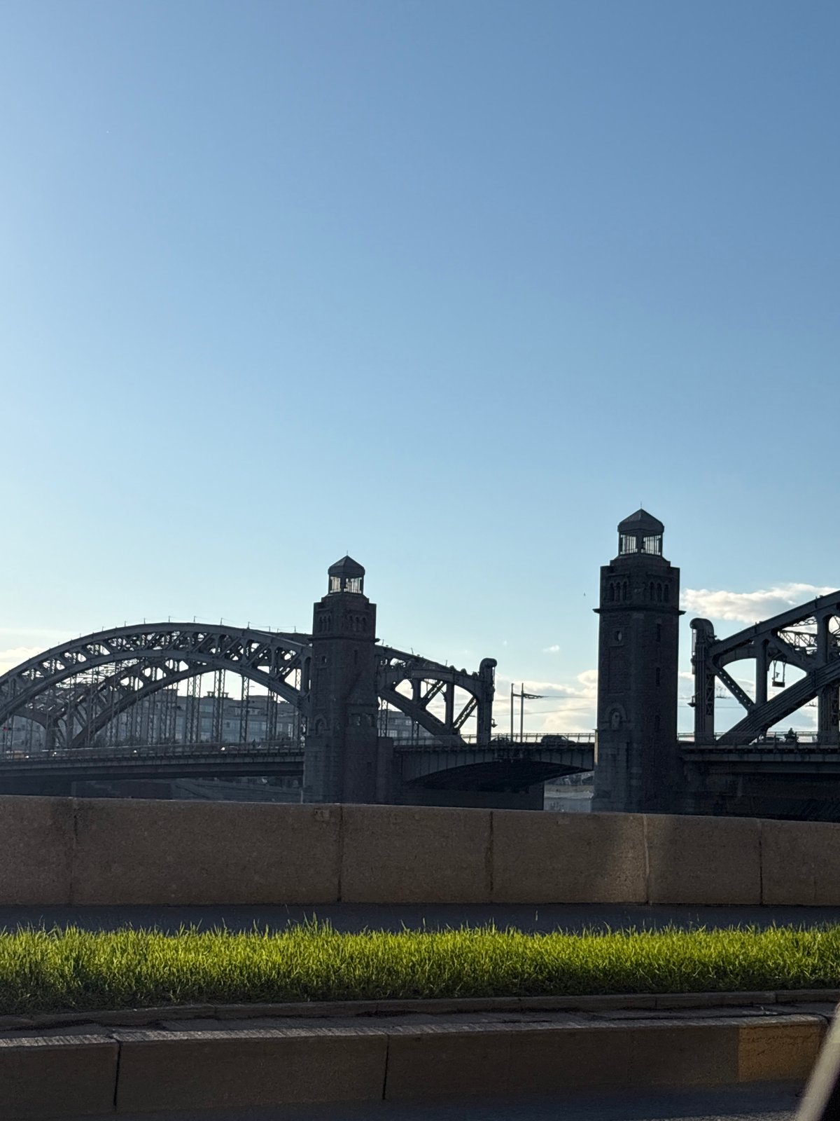 Clear sky frames Bolsheokhtinsky Bridge view in Saint Petersburg