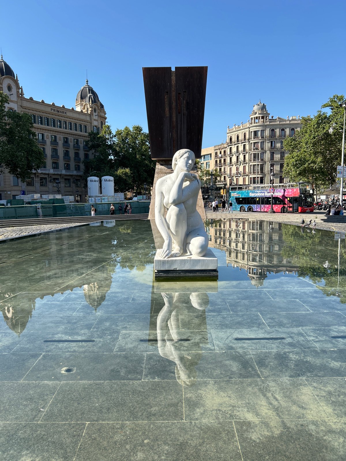 Barcelona's Plaça de Catalunya area on a busy summer morning