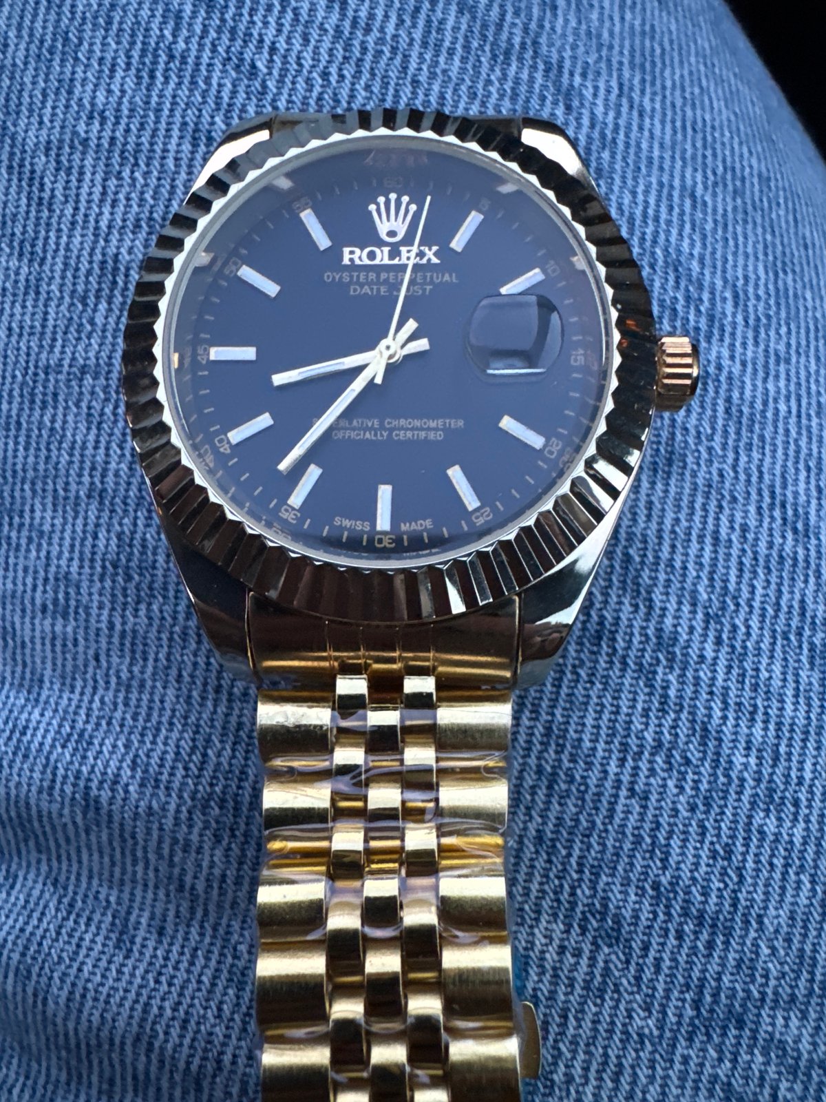 Rolex Datejust watch photographed on denim in Bulgaria
