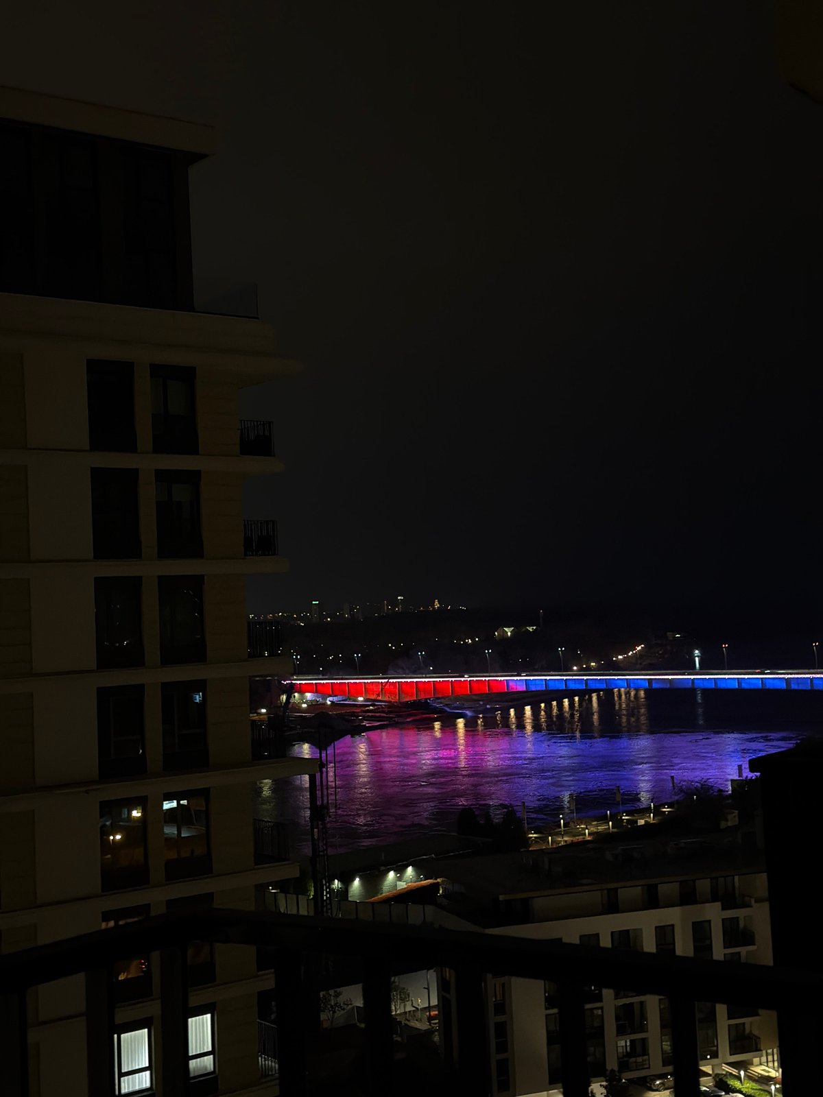 Belgrade Bridge Illuminated in Red, White, Blue at Night