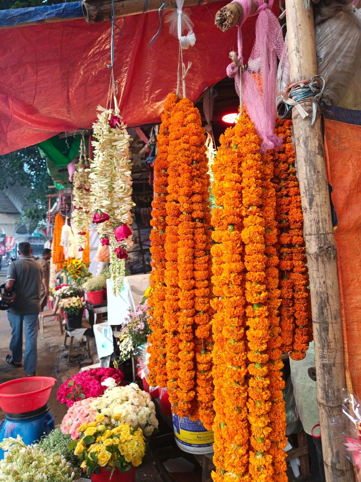 Flower vendor displays colorful blooms at Dhaka market