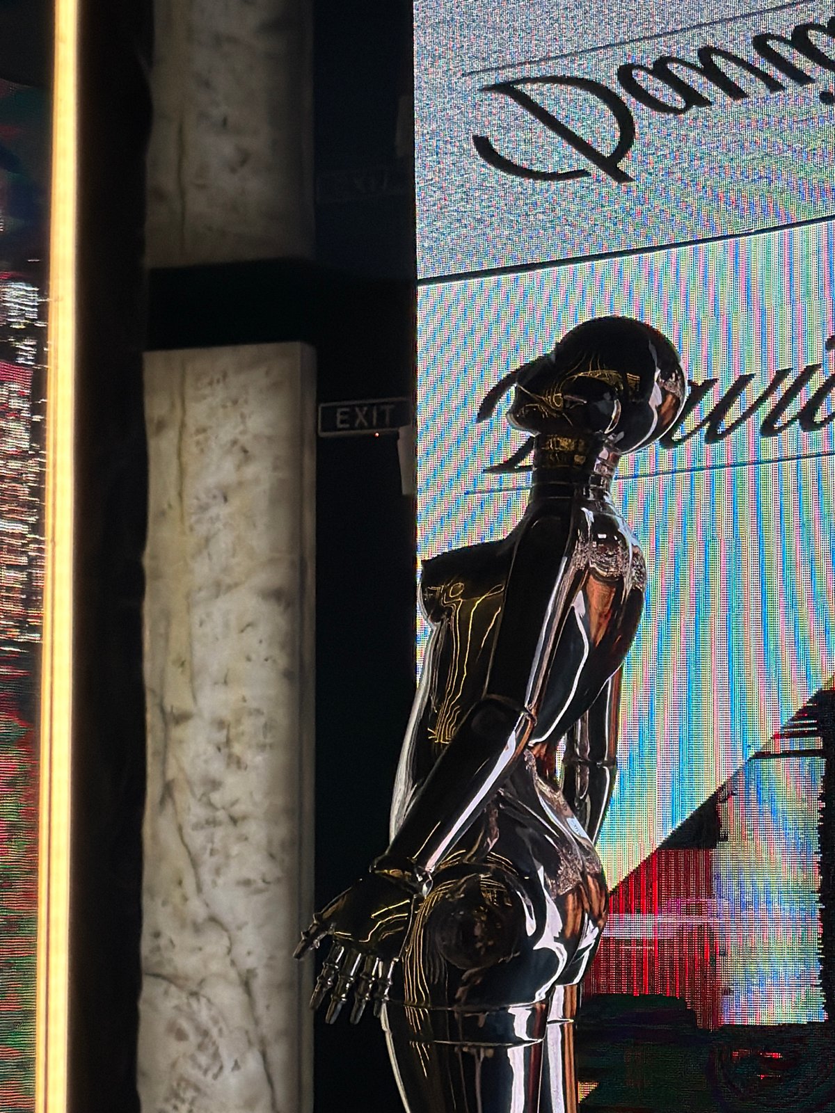 Metallic humanoid sculpture inside a Sofia nightclub