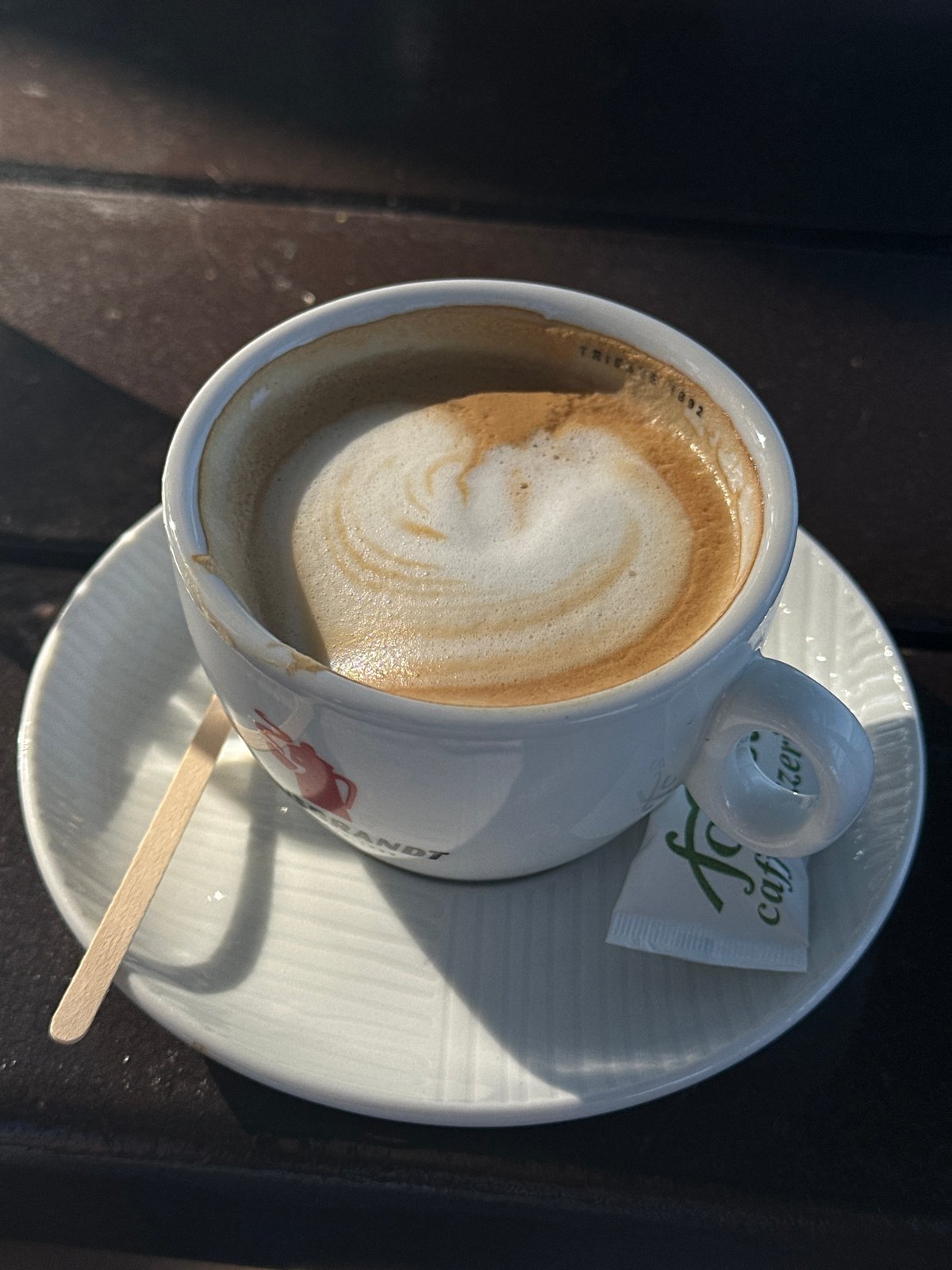 Cappuccino with latte art on a wooden table in Montenegro