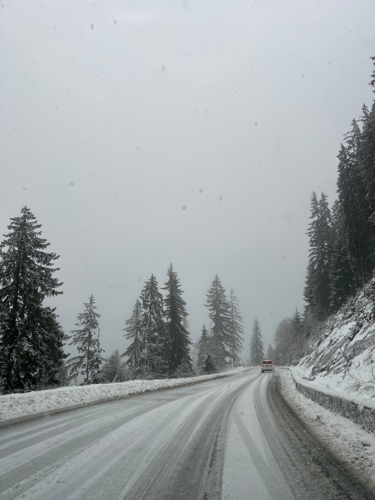 Snow-covered mountain road shows vehicle tracks in Bulgaria forest