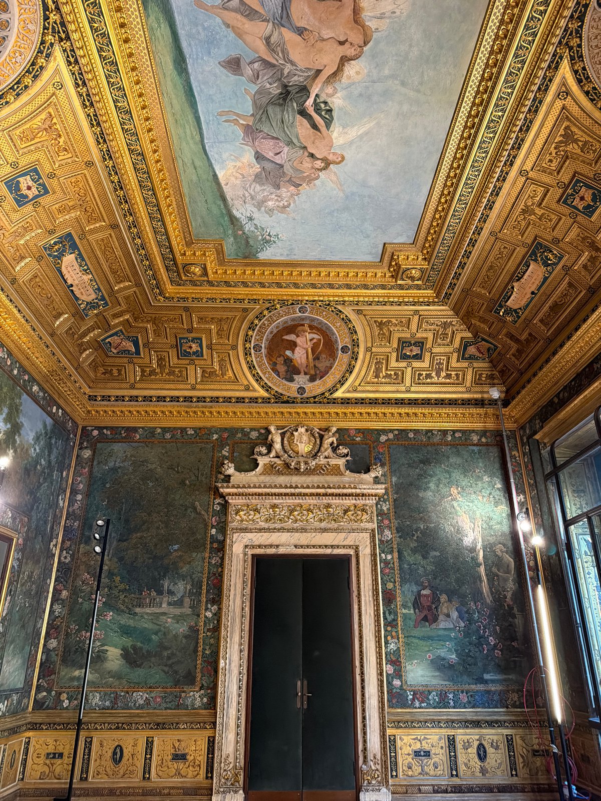 Witnesses document elaborate interior spaces with art and water features