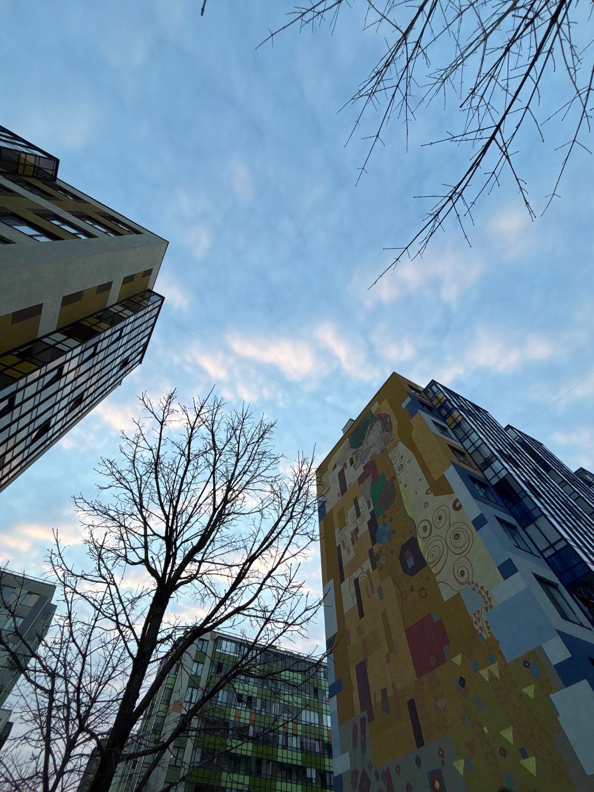 Klimt-style mural photographed on Kudrovo building facade