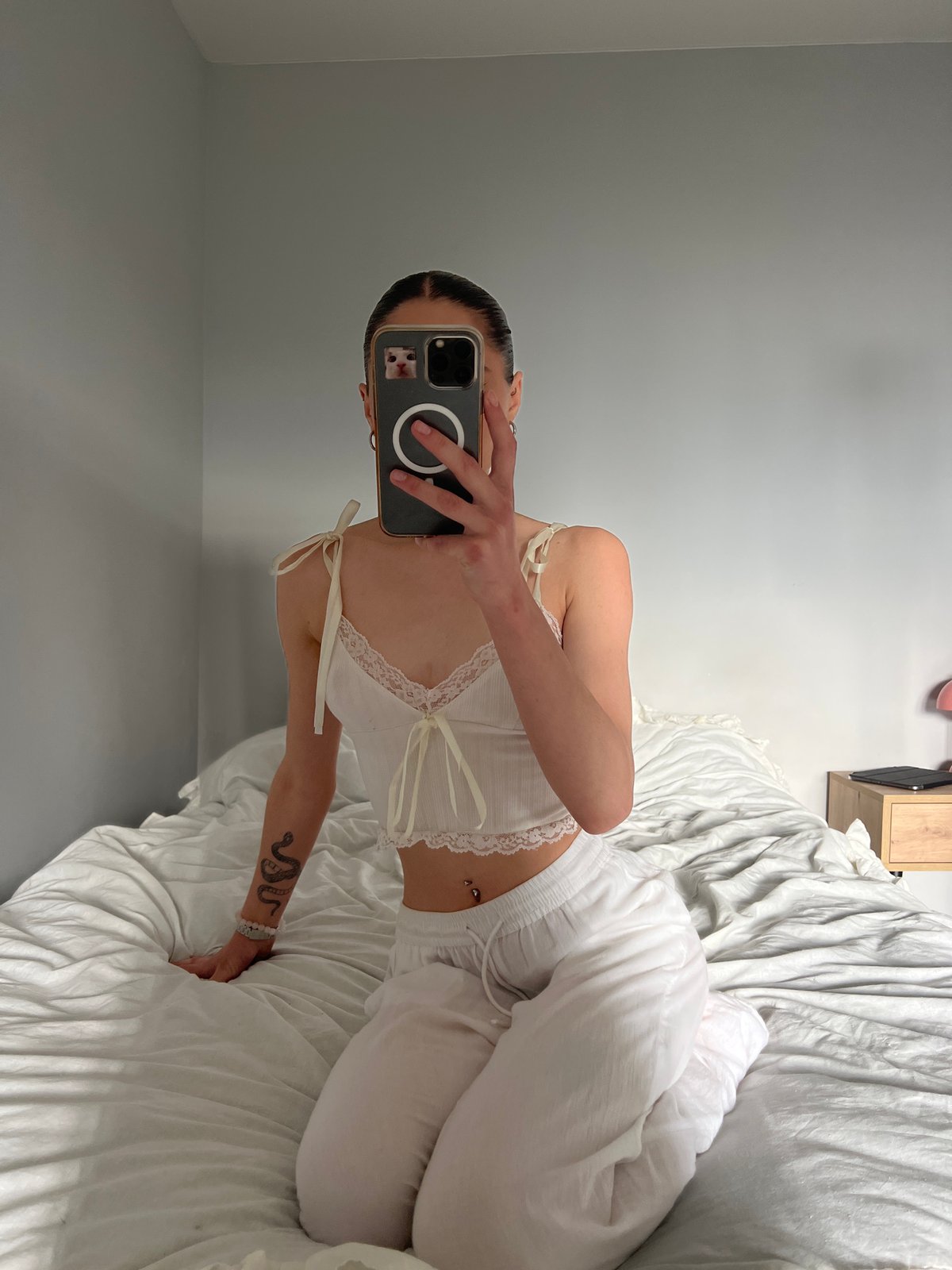 Morning selfie session with grey cat in Ternopil bedroom