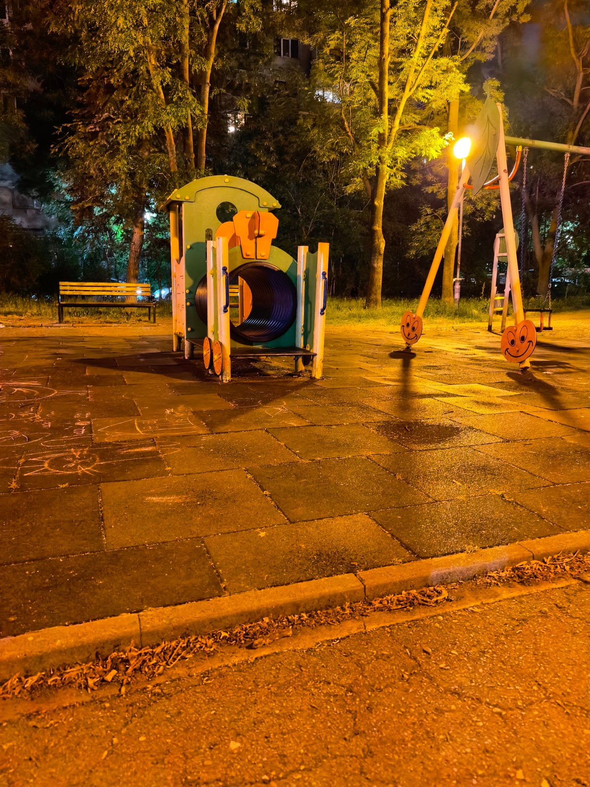 Night view of train playground structure in Sofia
