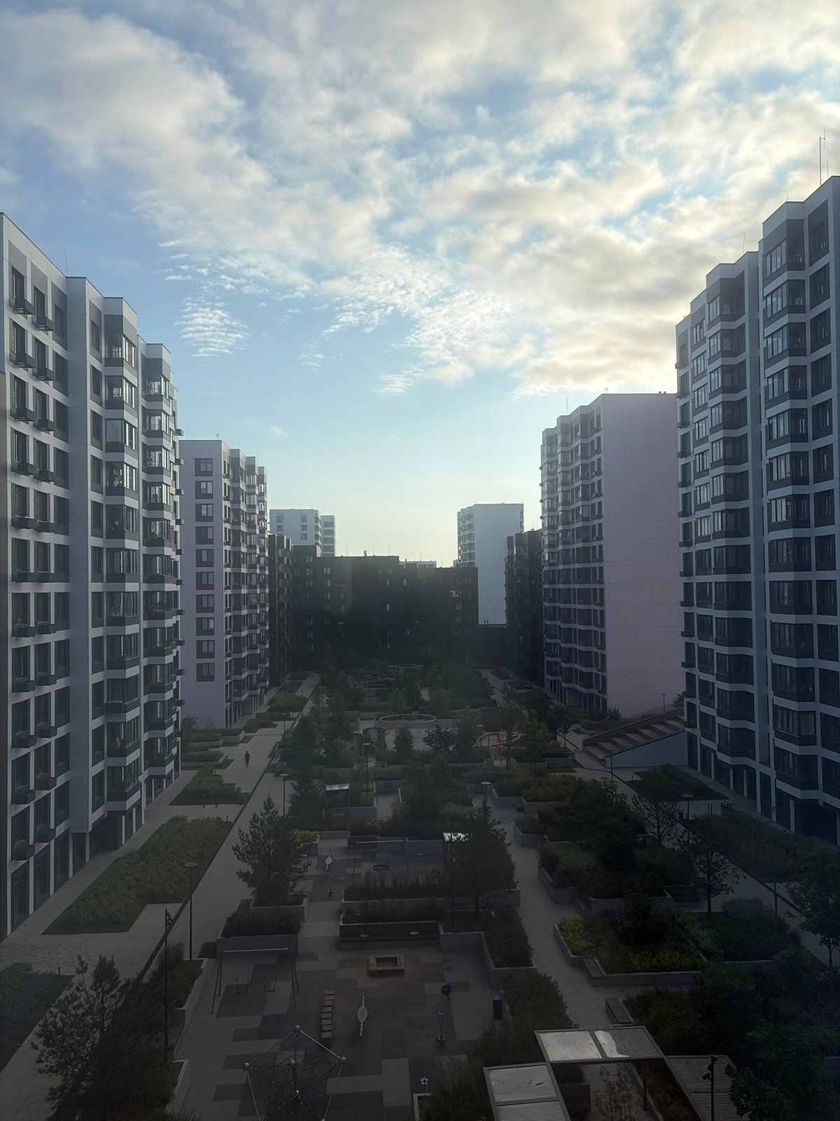 Inside and outside a new residential complex in Kommunarka