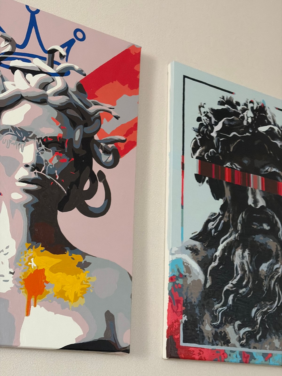 Abstract classical bust paintings displayed in Krasnodar interior