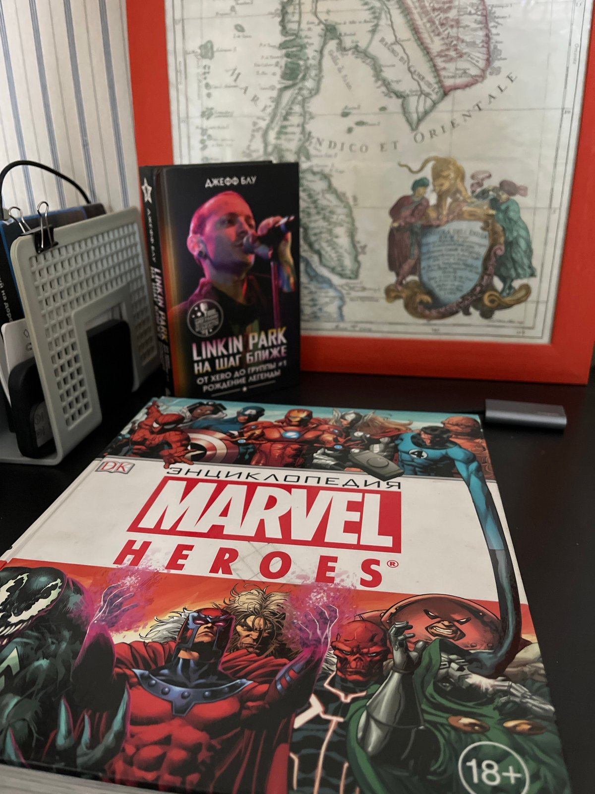 Books and memorabilia arranged on desk in Krasnoyarsk