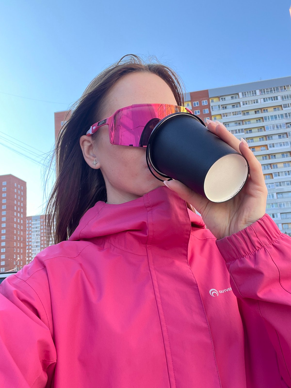 Woman's morning coffee outing documented in Berezniki, Russia