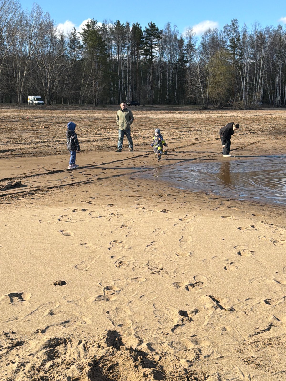 Four people gather in sandy forest area near Chaikovsky