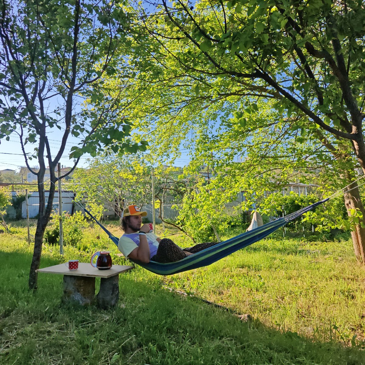 Man enjoys afternoon rest with tea in Shcholkine backyard