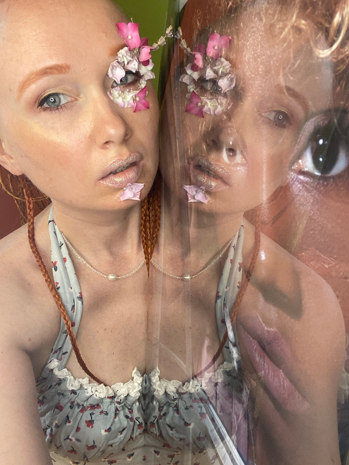 Artistic selfie series with floral looks and a Yorkie cameo