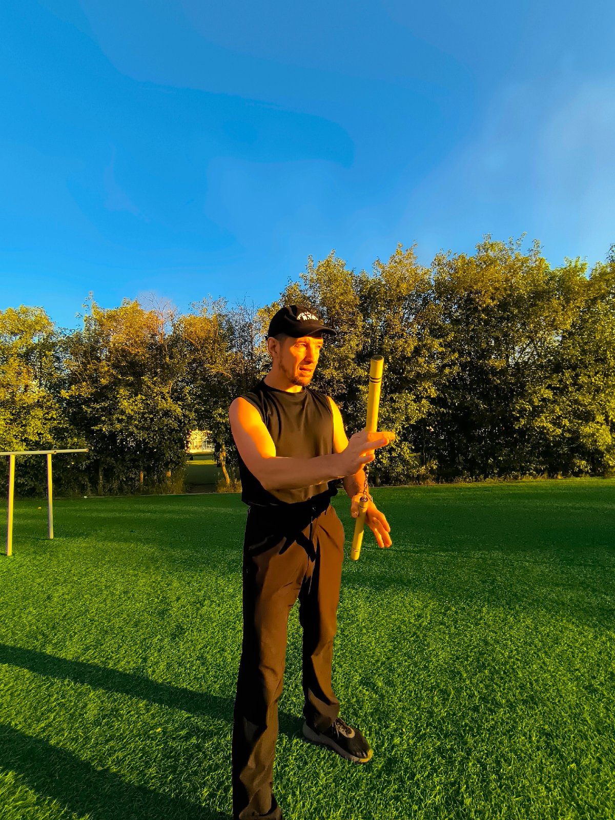 Nunchaku training on a turf field in Karaganda, Kazakhstan