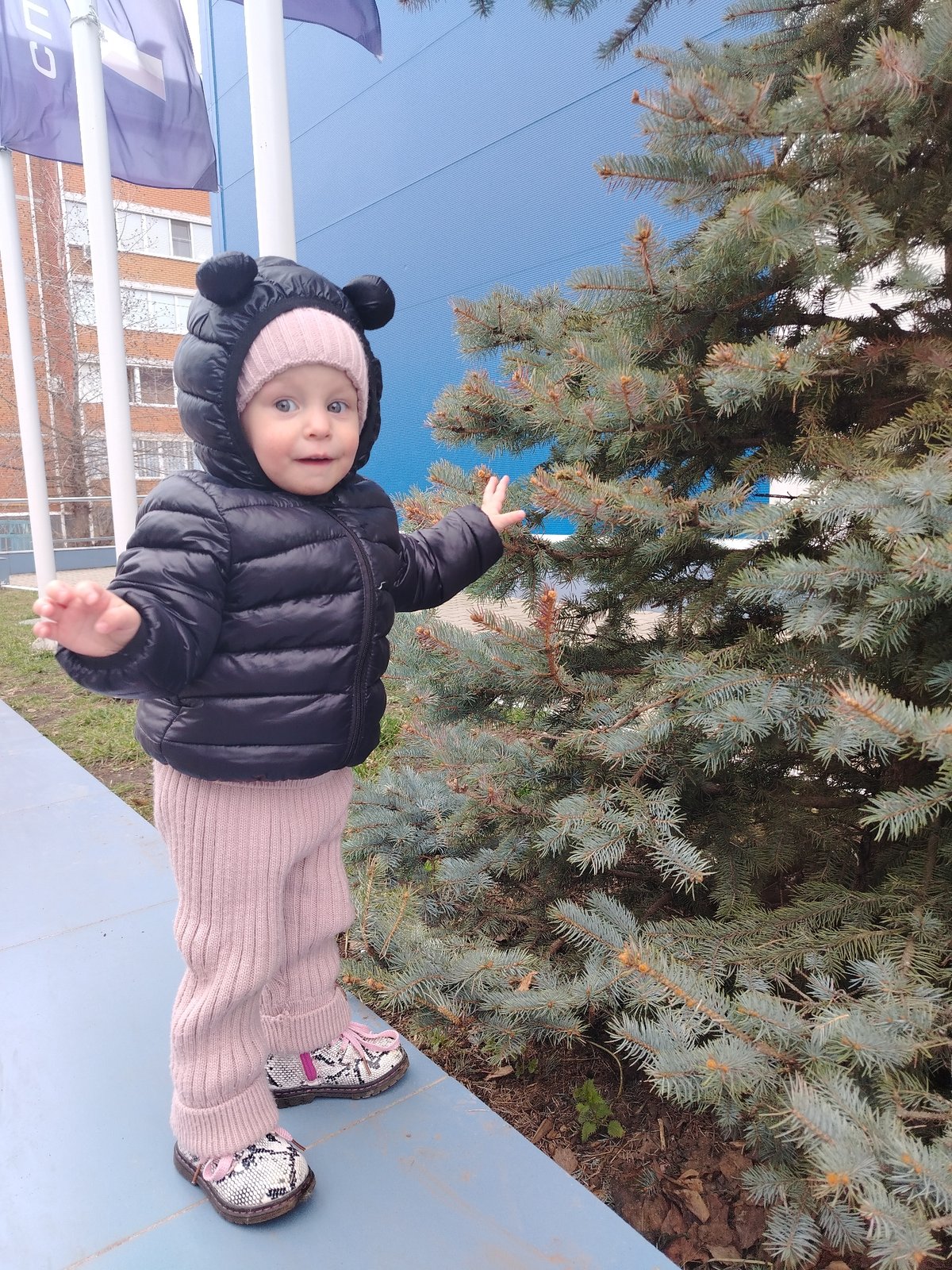 Toddler in bear-eared jacket photographed outdoors in Chaikovsky