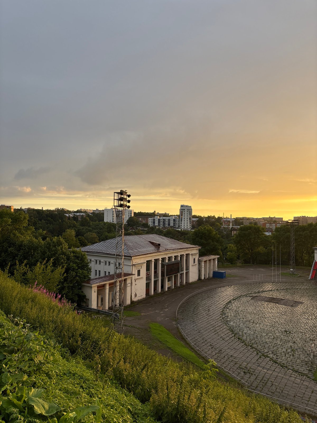Rainy summer evening around a stadium in Sof'ino, Russia