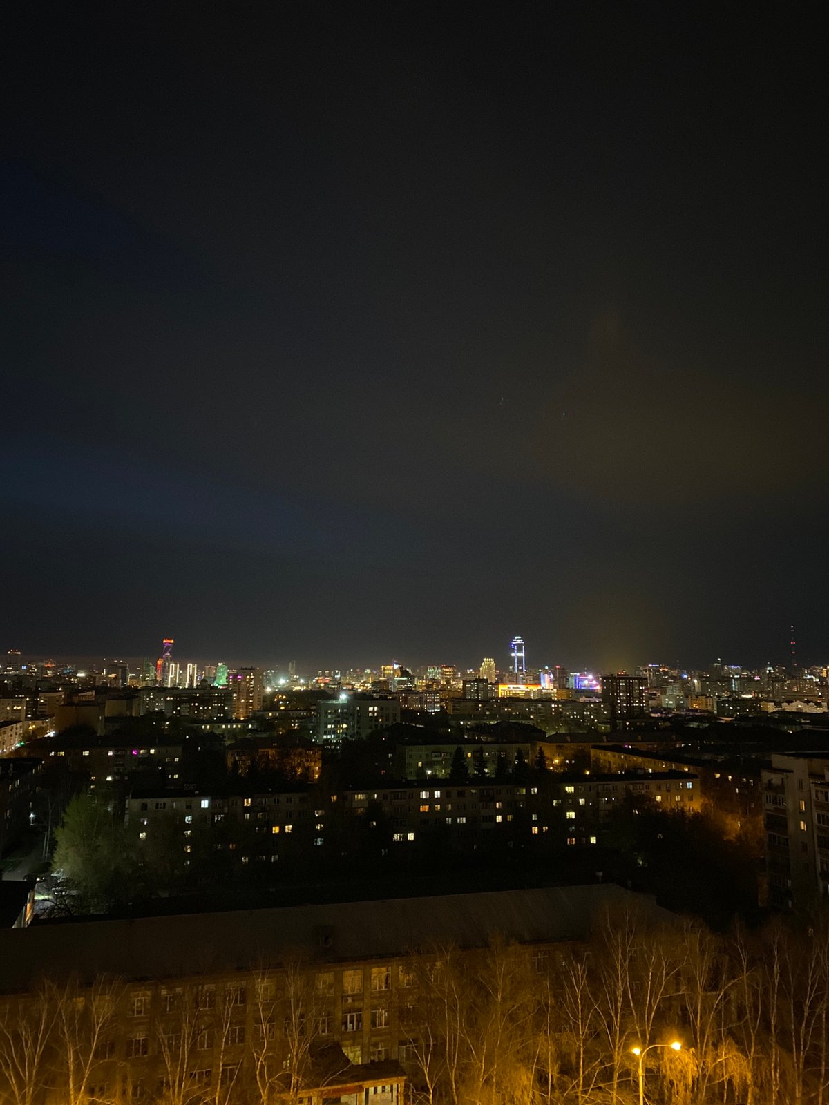 Nighttime aerial views of Yekaterinburg captured from elevated position