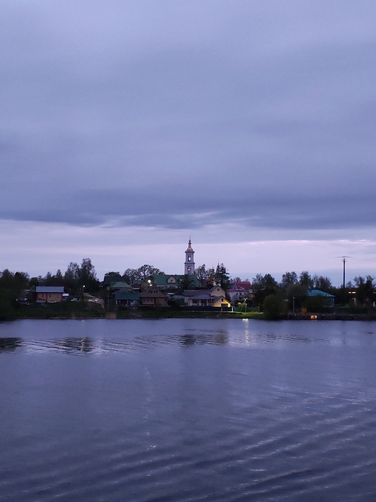Dusk waterfront scene captured in Kimry, Russia