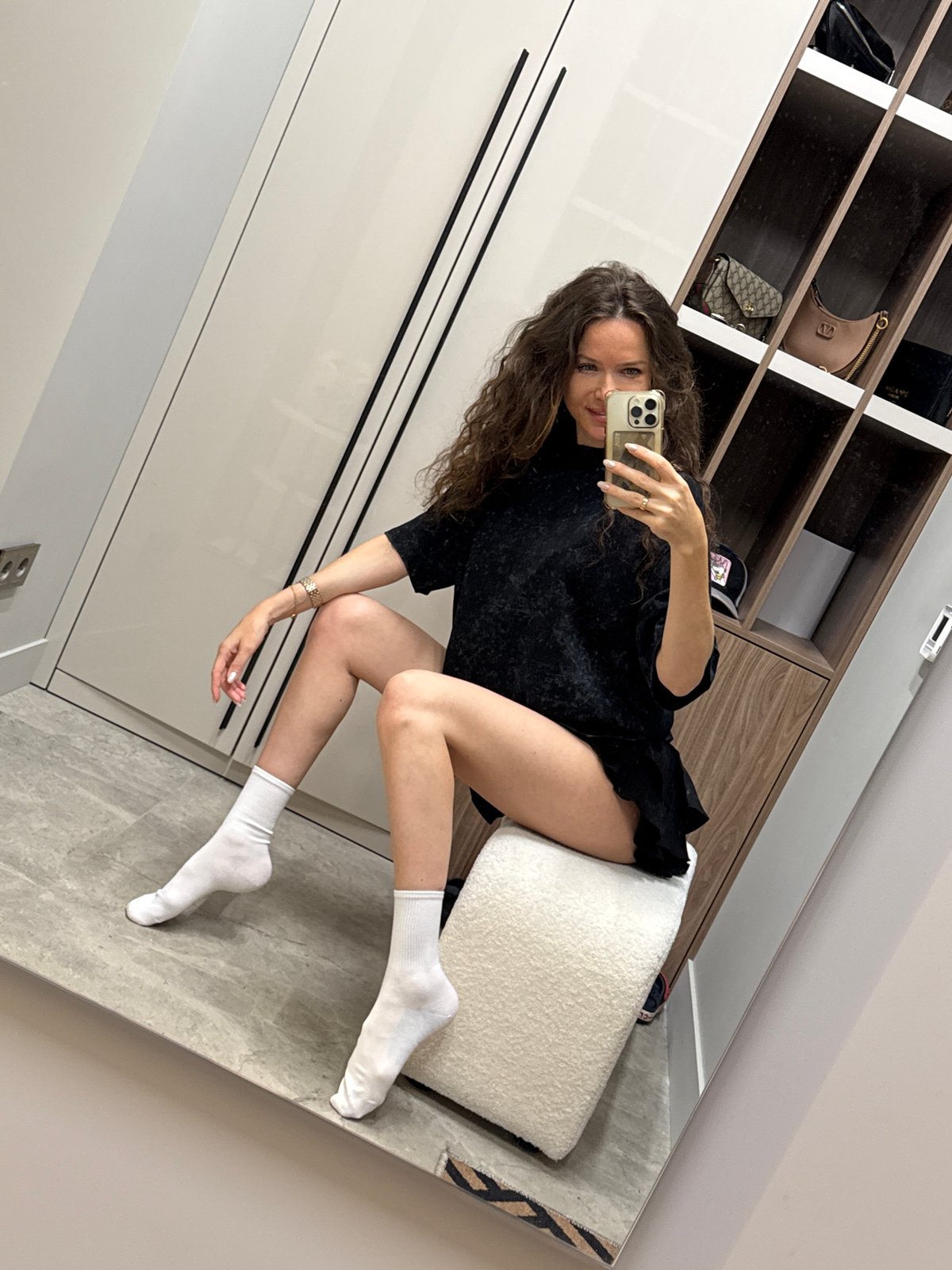 Morning selfie session with outfit changes in Dolgoprudny