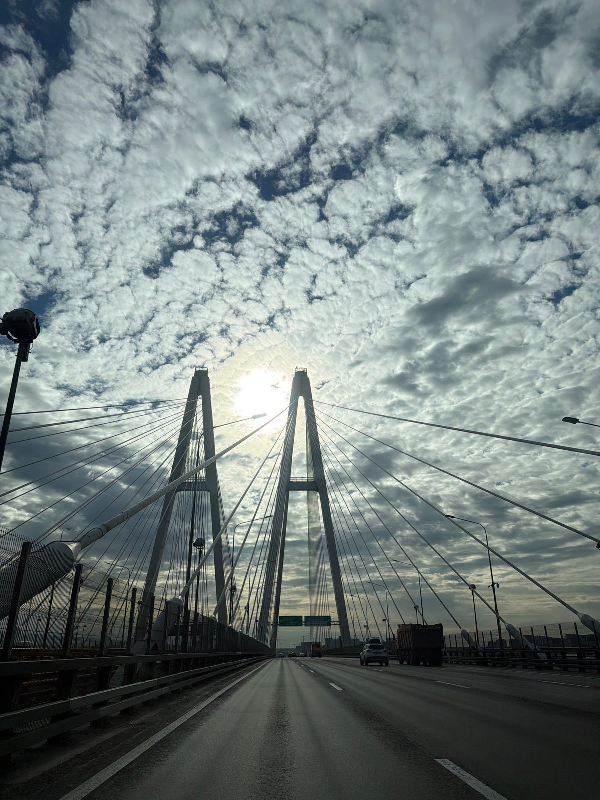 On the road crossing a major cable-stayed bridge
