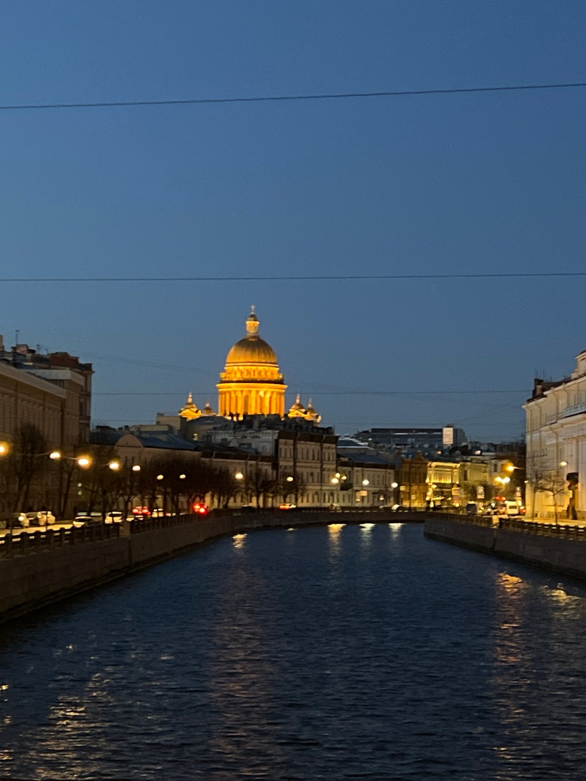 Nighttime canal reflection captured in Saint Petersburg