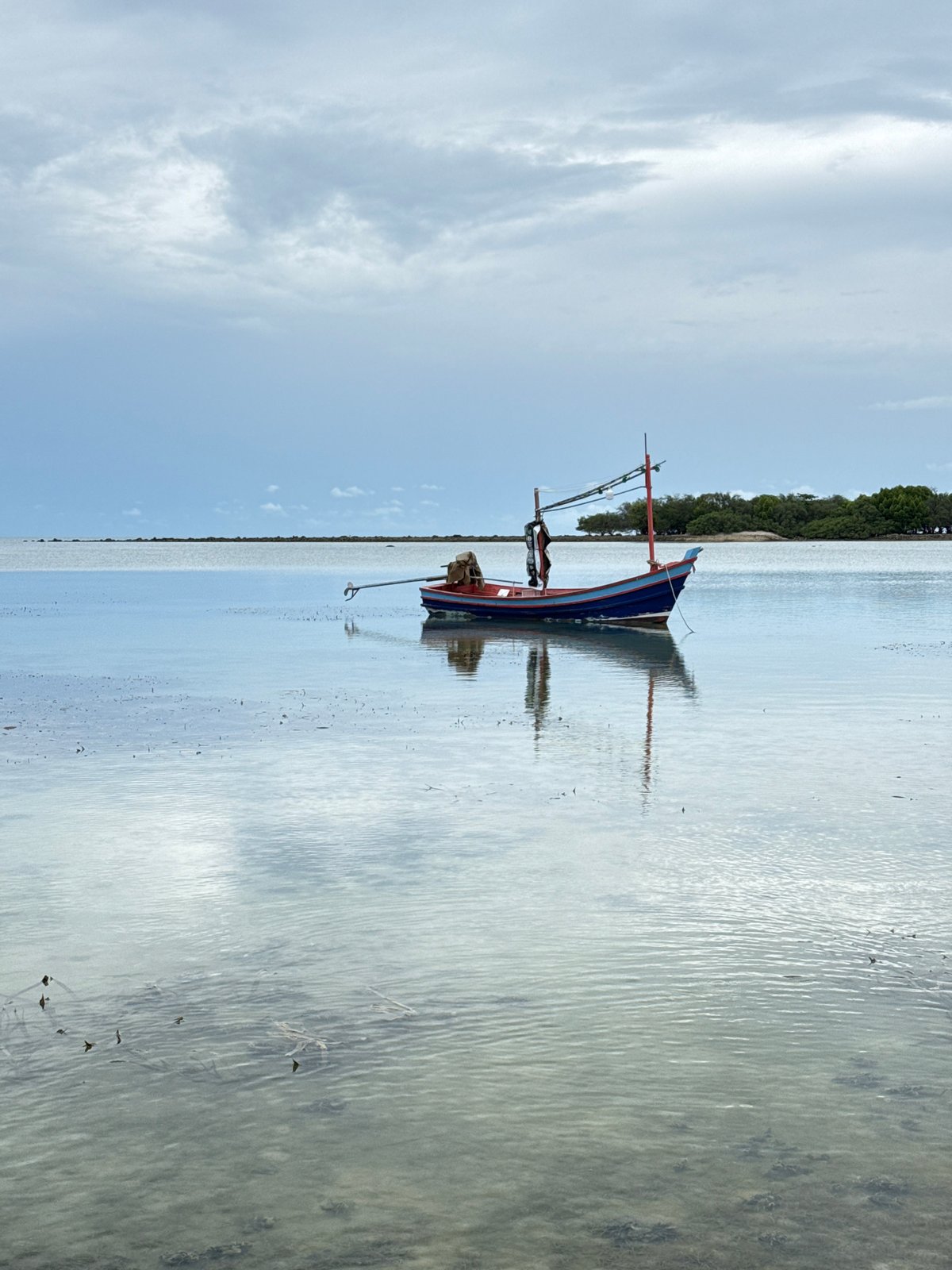 Traditional fishing boats at rest in Ko Samui's shallow coastal waters