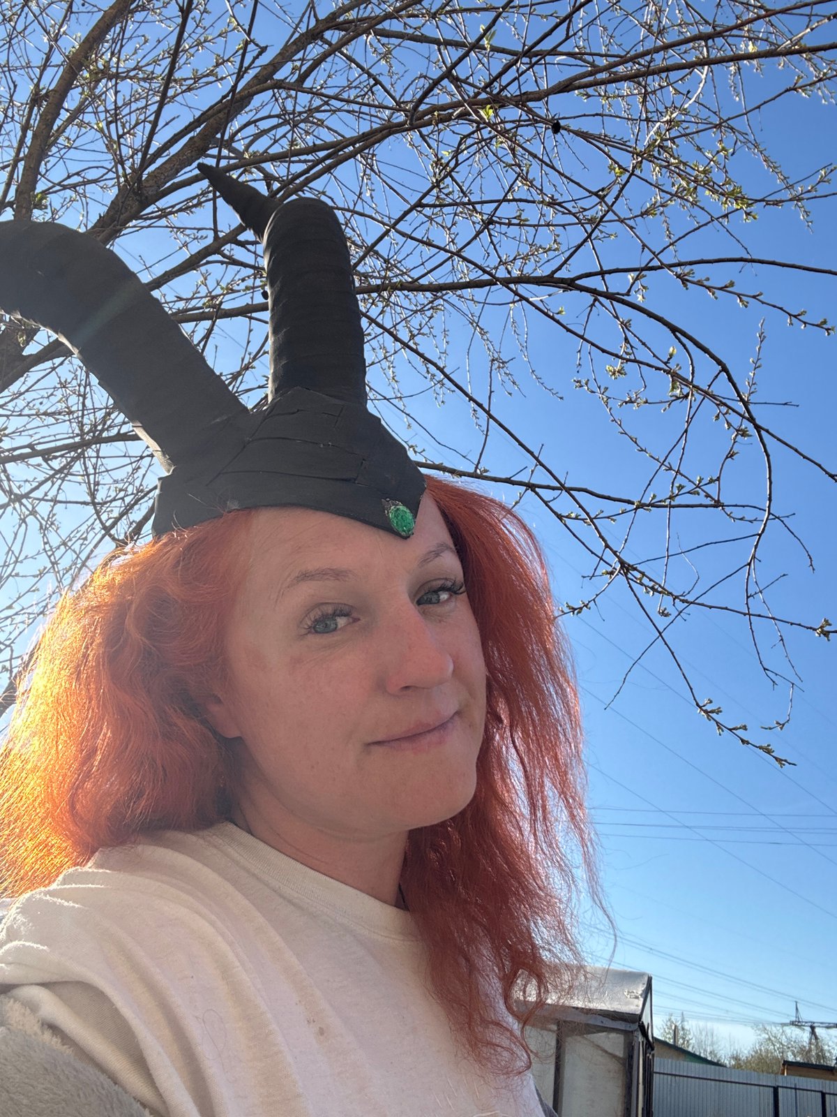 Woman in horned headdress photographed in Chaikovsky, Russia