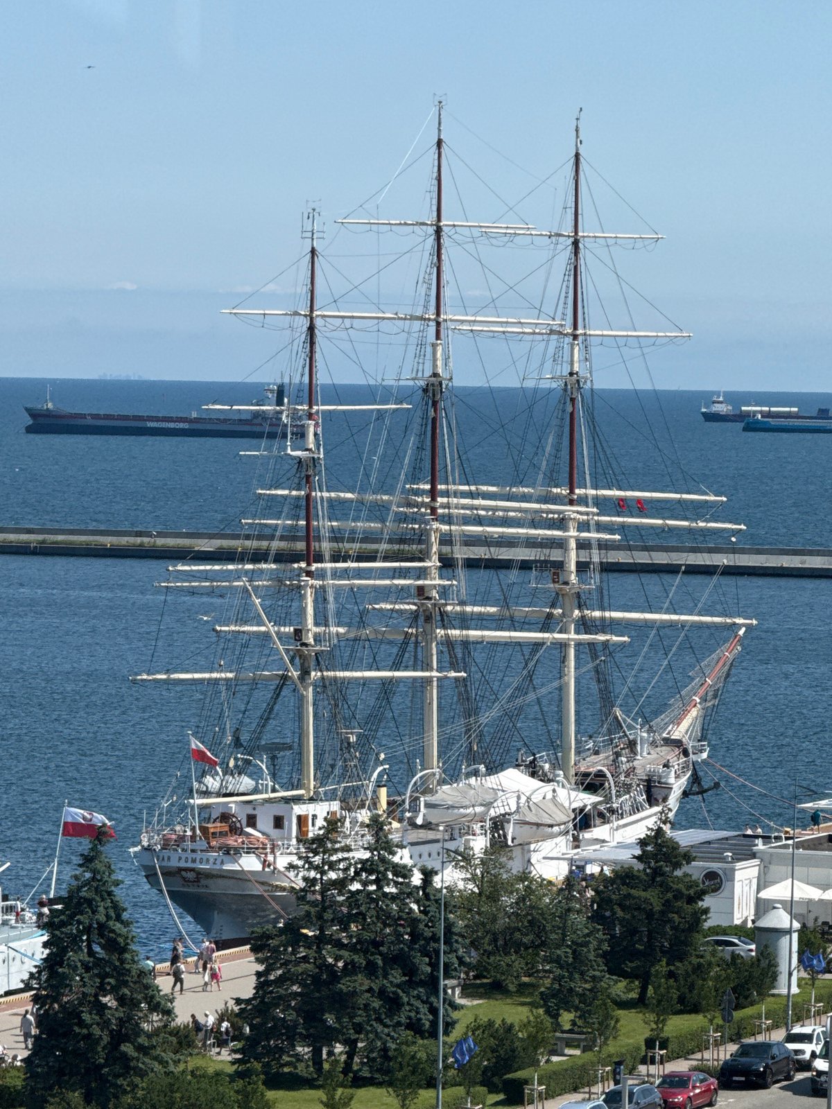 Gdynia's waterfront: tall ship, busy promenade, street works