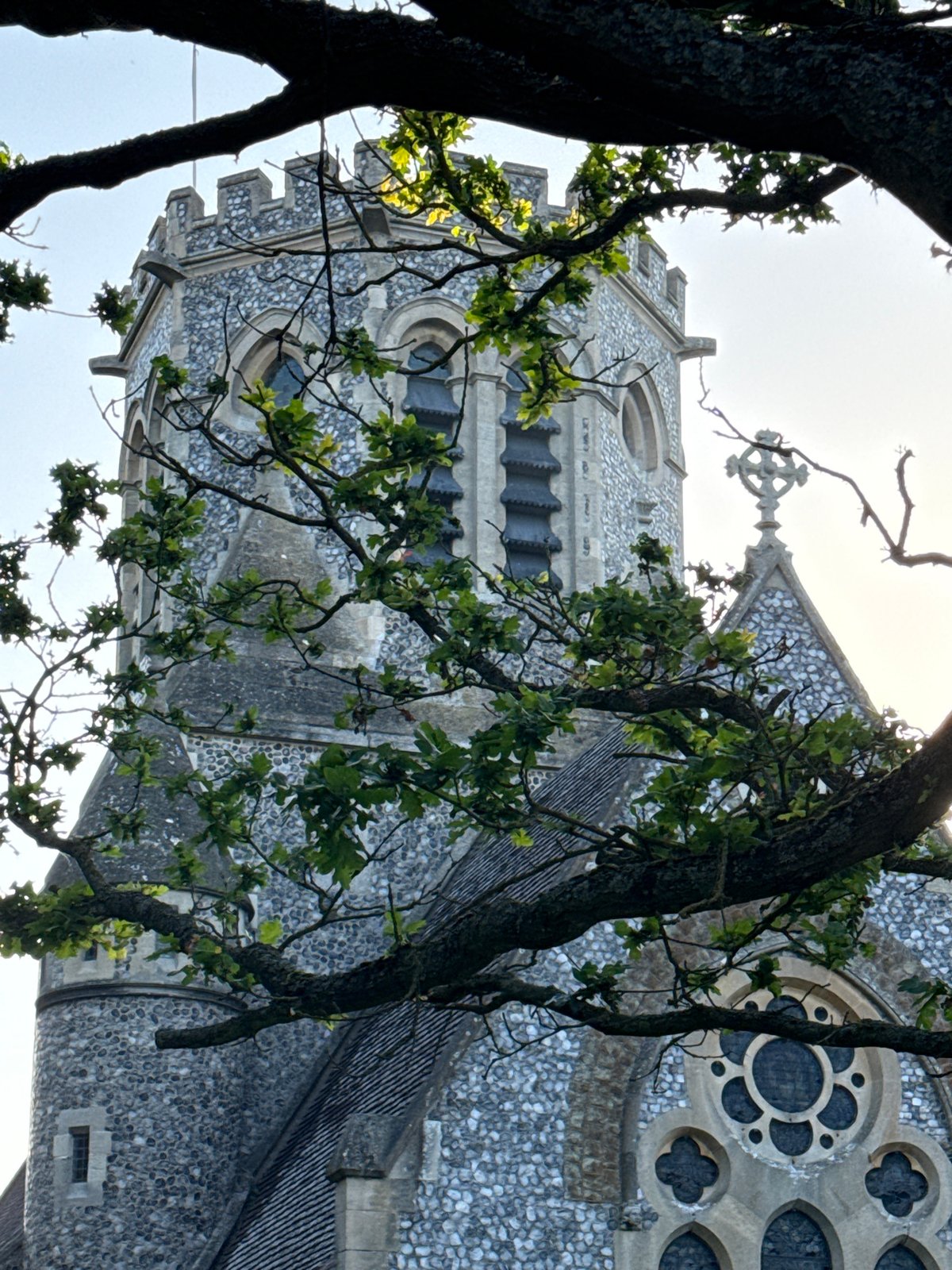 Stone church framed through tree branches in Great Yarmouth