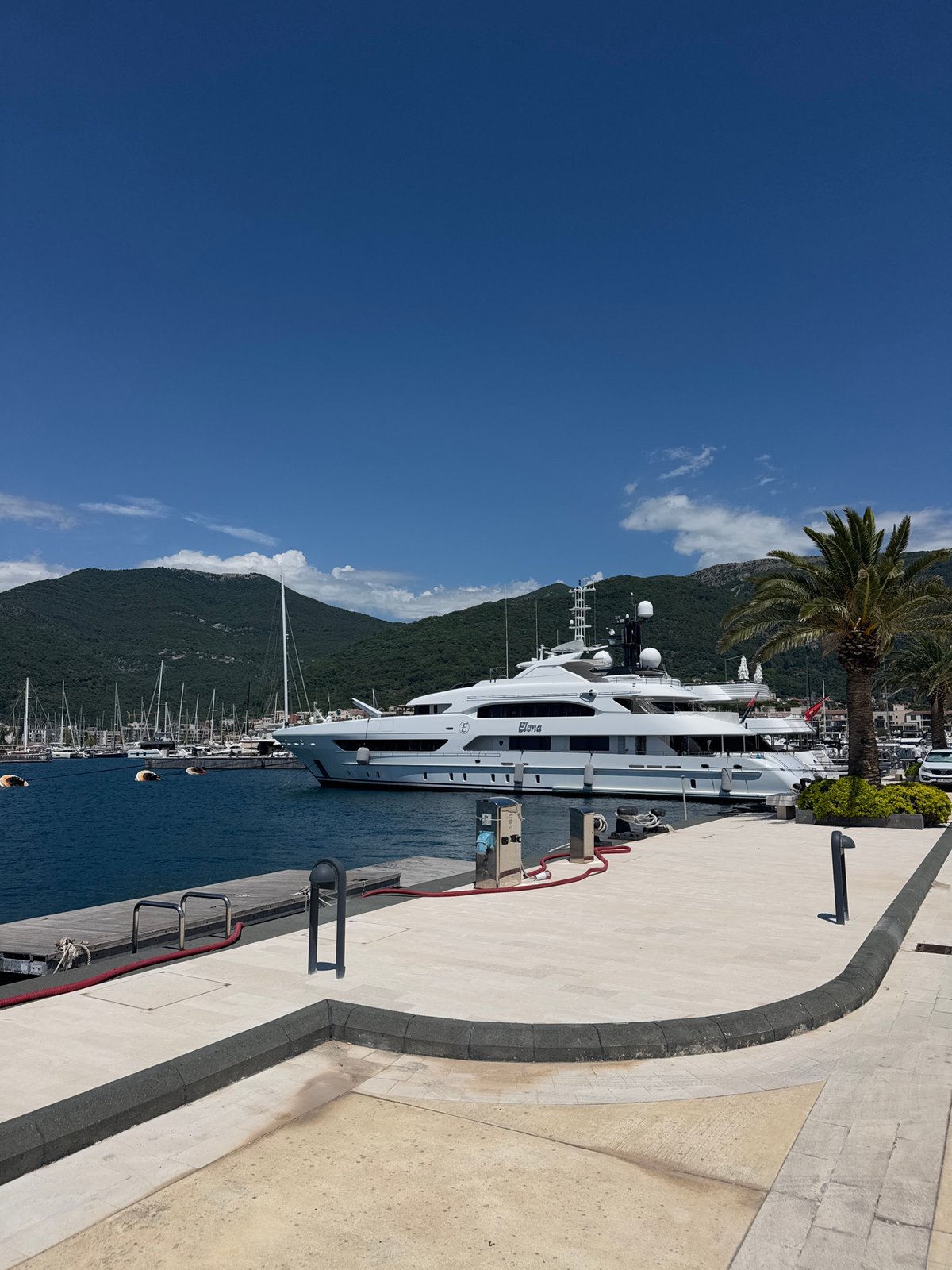 Afternoon at Porto Montenegro marina featuring luxury yacht Elena