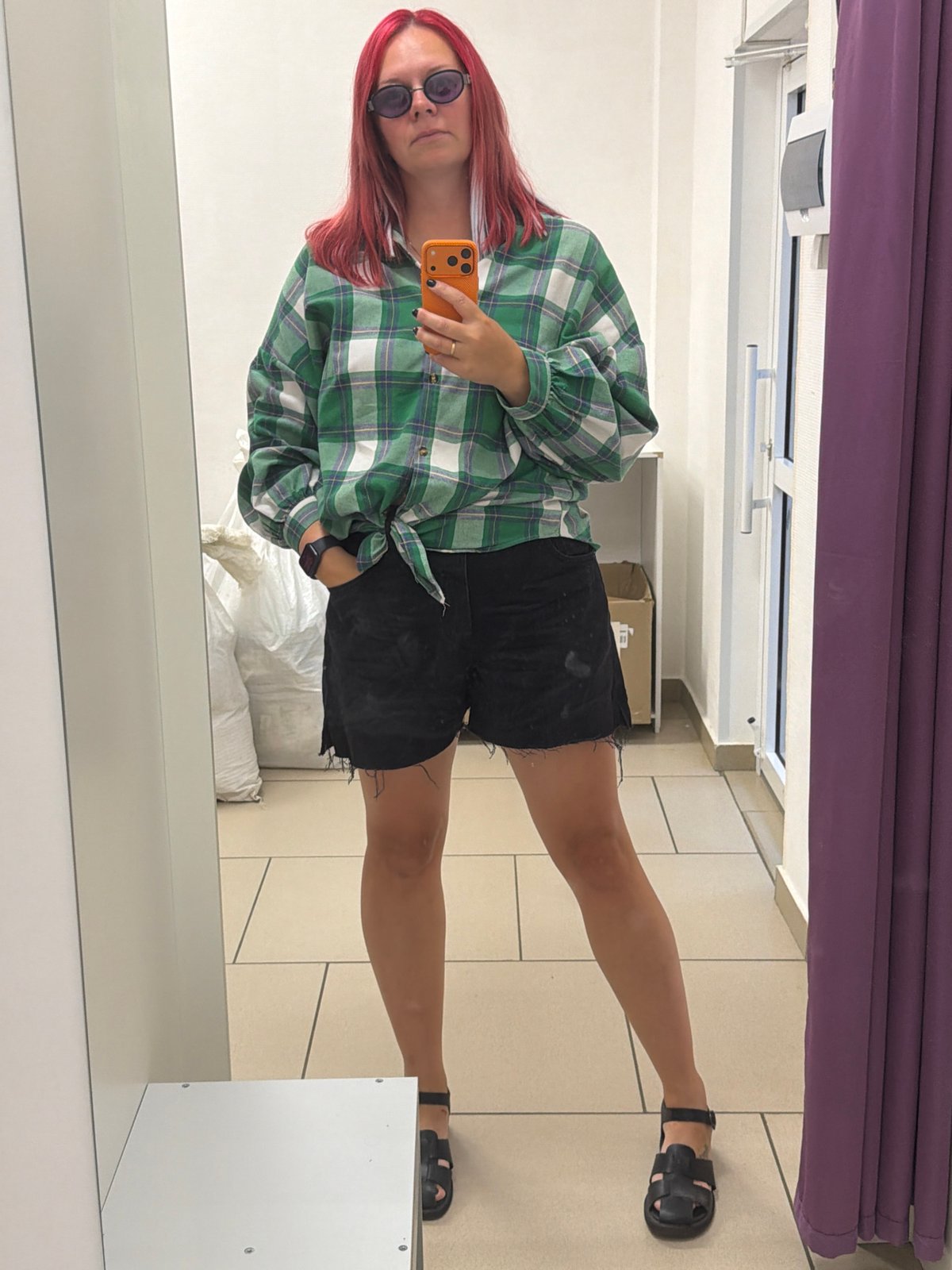 Fitting room mirror selfies in Izhevsk, same outfit, multiple angles