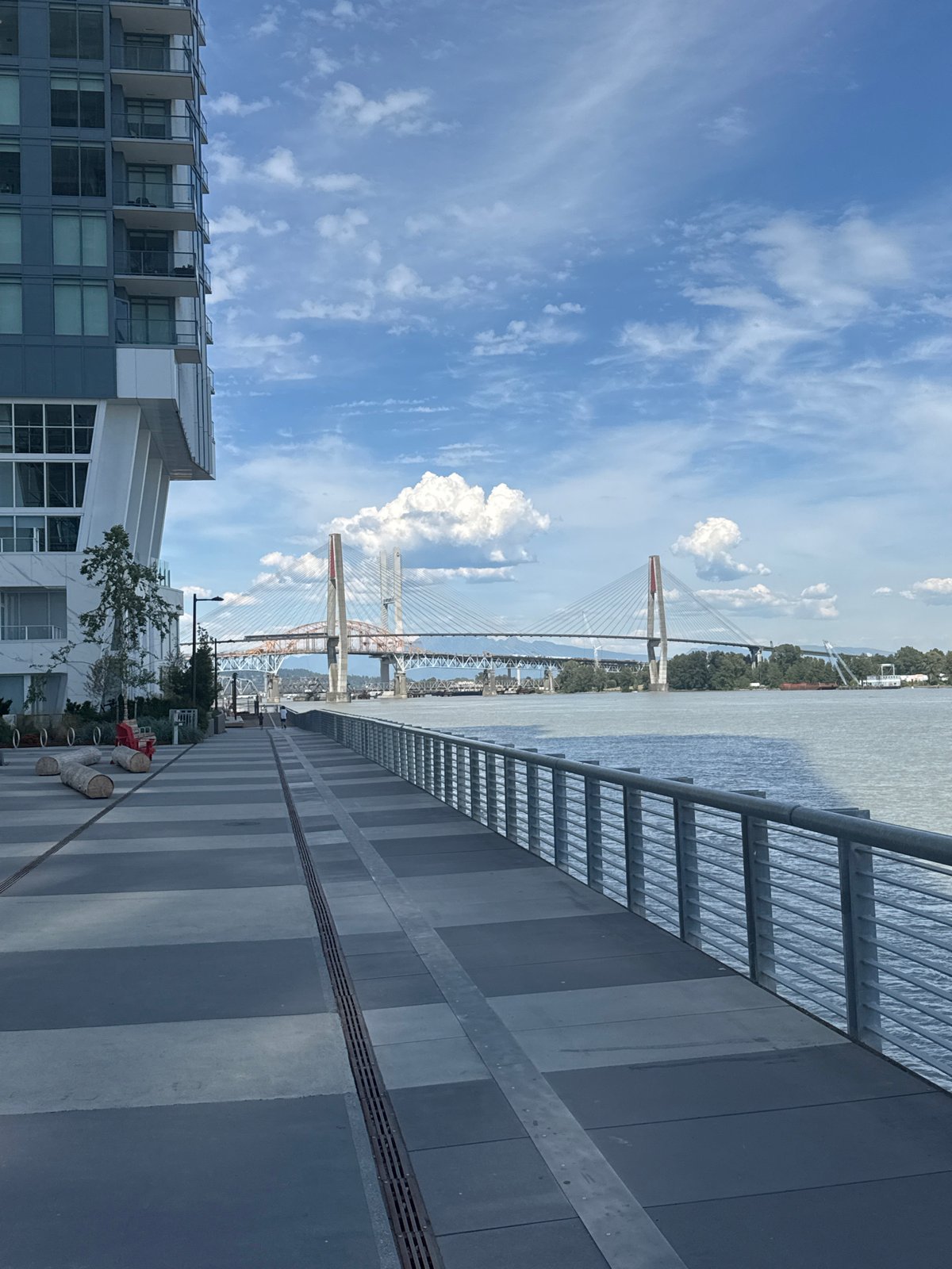 Downtown New Westminster waterfront and civic core, early evening
