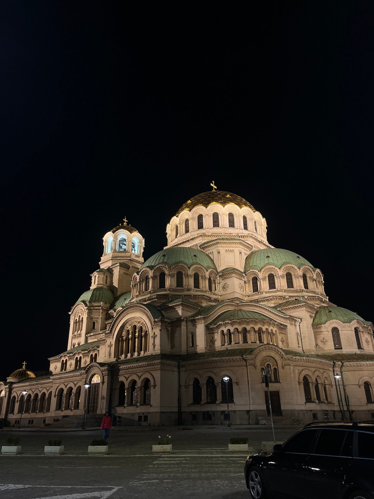Nighttime documentation of illuminated Alexander Nevsky Cathedral in Sofia