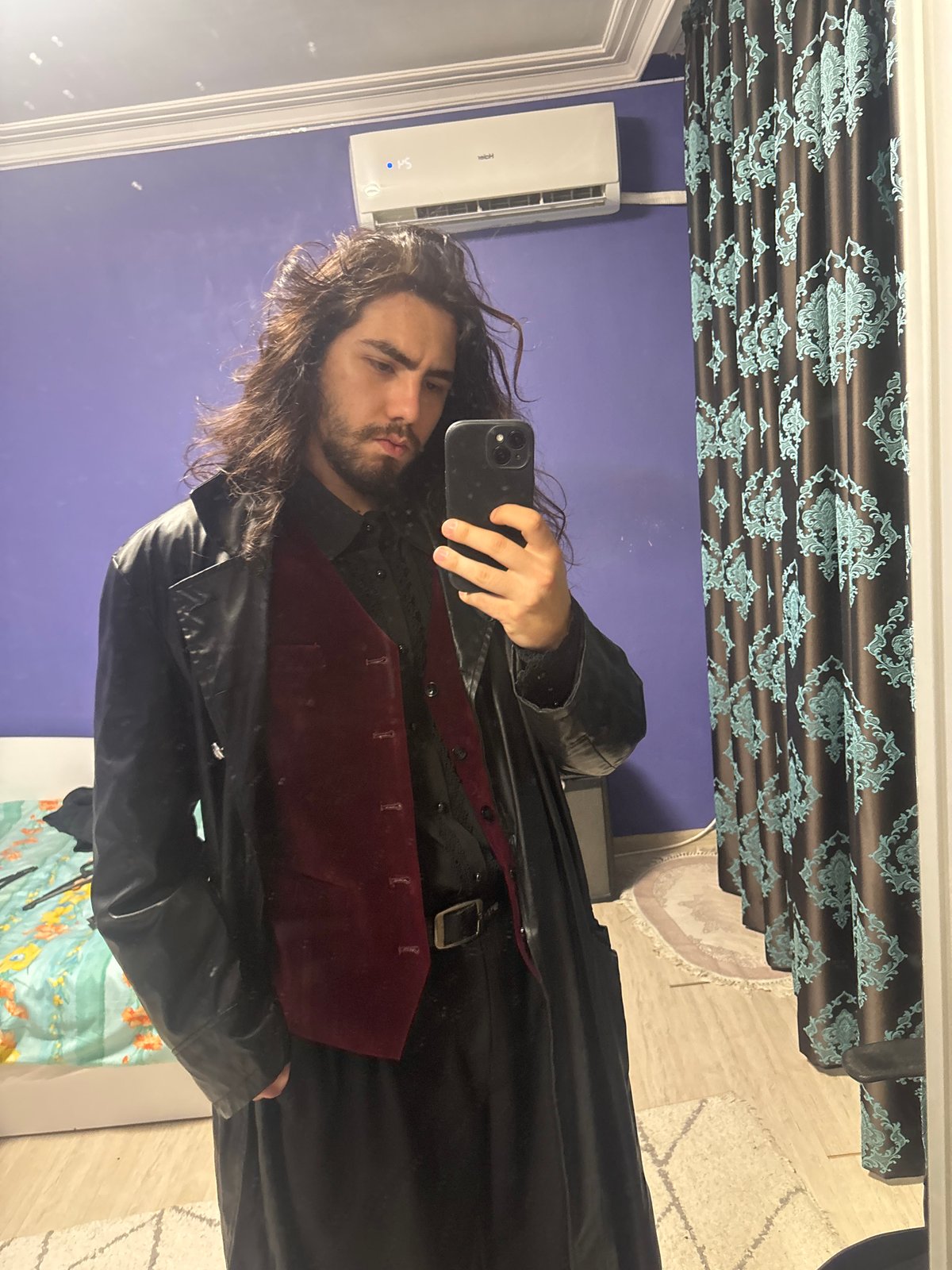 Gothic costume mirror selfie session, multiple outfit variations.